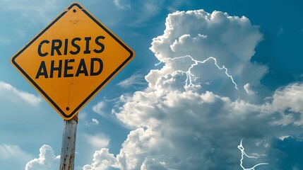 A yellow warning sign reading "CRISIS AHEAD" stands against a backdrop of dramatic clouds and lightning, suggesting a looming storm or emergency situation.
