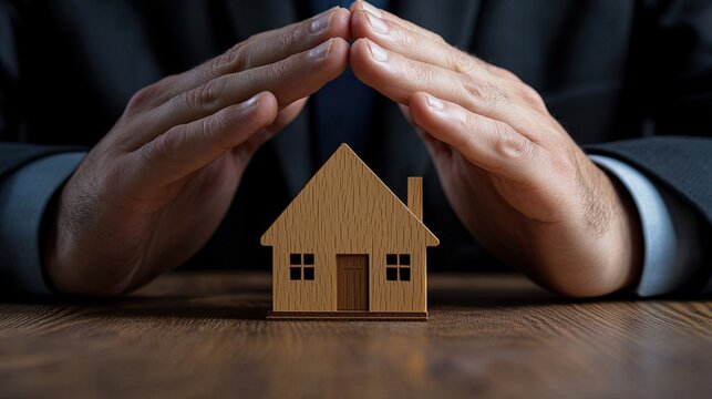 Insurance premium disaster concept. A business person protects a miniature wooden house with their hands, symbolizing real estate security and investment.