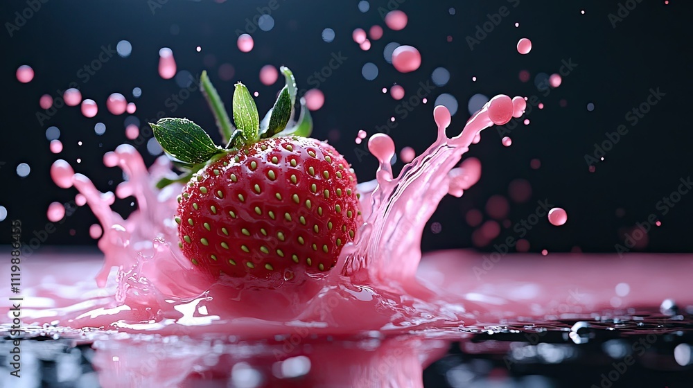Poster fresh strawberry with splashing water droplets captured in a dynamic and colorful setting, highlight