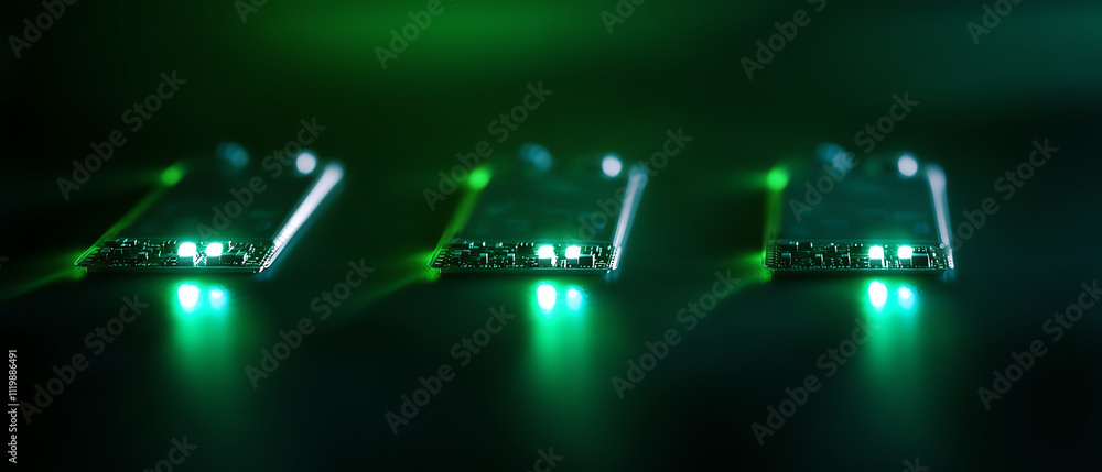Aufkleber close-up view of illuminated circuit boards showcasing advanced technology features.
