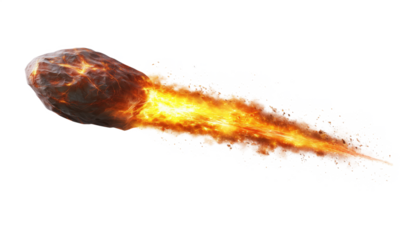 Meteor streaking through space, fiery tail, rock fragment, bright flames, cosmic phenomenon, isolated on transparent background, png