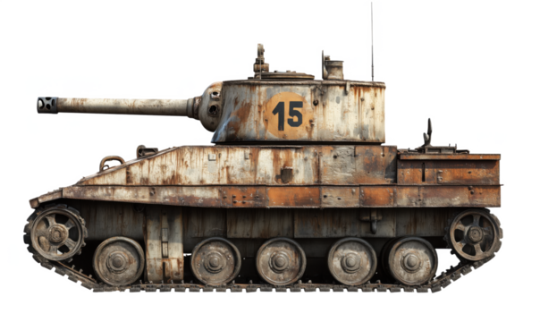 Rusty tank with number 15, weathered metal surface, visible tracks, military vehicle, side view, isolated on transparent background, png