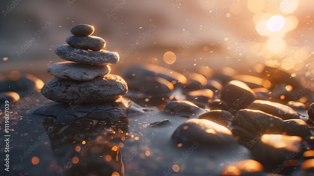 Poster a serene stack of smooth stones rests on a reflective surface, surrounded by pebbles, with soft sunl
