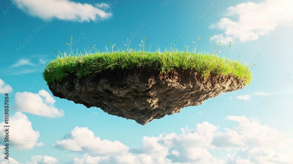 Poster a floating island with lush grass and bright sky: a captivating visual of nature and imagination, ev