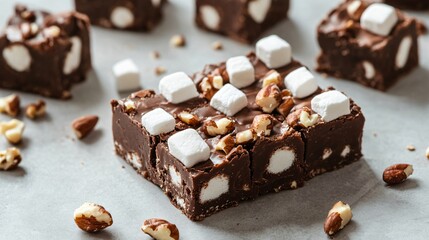 Artful display of marshmallow fudge with visible chunks of marshmallow and nuts, isolated on a light gray surface