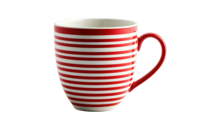 Striped mug with red and white stripes, ceramic material, modern design, smooth finish, elegant shape, isolated on transparent background, png