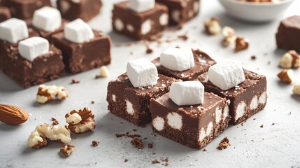 Artful display of marshmallow fudge with visible chunks of marshmallow and nuts, isolated on a light gray surface