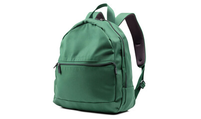 Green backpack with sleek design, spacious compartments, adjustable straps, durable material, ideal for daily use, travel, school, or outdoor activities., isolated on transparent background, png