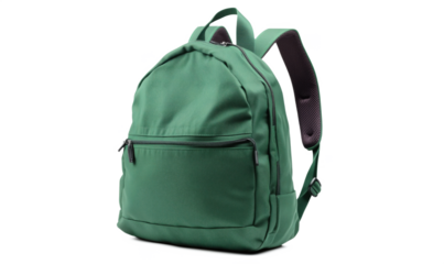 Green backpack with sleek design, spacious compartments, adjustable straps, durable material, ideal for daily use, travel, school, or outdoor activities., isolated on transparent background, png