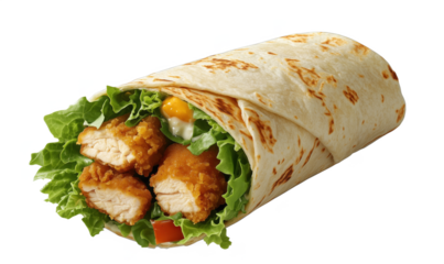 Chicken wrap with lettuce, crispy chicken, and sauce, isolated on transparent background, png