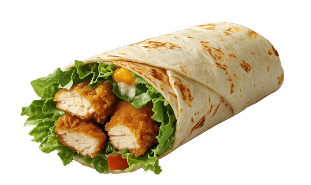 Chicken wrap with lettuce, crispy chicken, and sauce, isolated on transparent background, png
