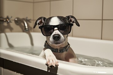 Canine Coolness A dog dons sunglasses while relaxing in a bathtub.