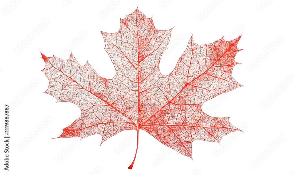 Poster red maple leaf with intricate vein structure, showcasing delicate transparency and fine details, iso
