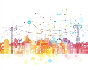 Obraz premium Colorful city skyline illustration with power lines and abstract bubbles.