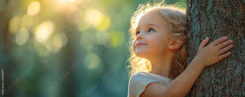 Poster young child hugging tree with deep roots connecting to nature