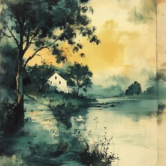 Fototapeta premium Watercolor Painting of a Tranquil Lakeside Scene with a House