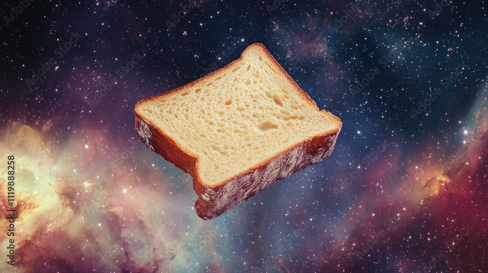 Poster unique bread slice floating in cosmic space with colorful nebula background creating a surreal and i