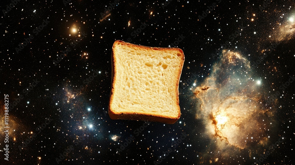 Poster a single slice of toast floating in outer space surrounded by stars and cosmic background in a uniqu