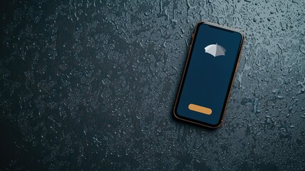 Insurance premium travel concept. A sleek smartphone rests on a textured surface, showcasing a minimalist design with a striking logo.