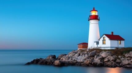 Fototapeta premium A serene lighthouse stands on rocky shorelines, illuminating the calm waters under a twilight sky.