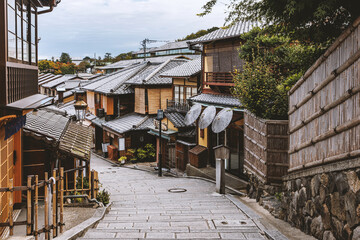 Streets of Old Kyoto, Japanese wooden houses in Higashiyama Ward district.