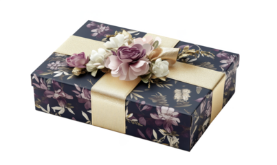 Elegant gift box with floral decoration, features dark floral wrapping, gold ribbon, and paper flowers, perfect for special occasions., isolated on transparent background, png