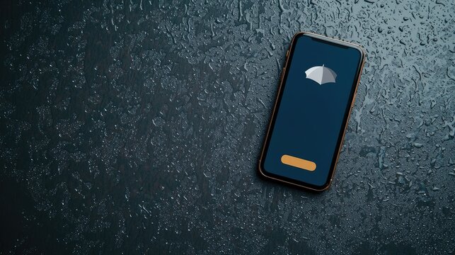 Insurance premium travel concept. A sleek smartphone rests on a textured surface, showcasing a minimalist design with a striking logo.