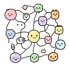 Colorful cute characters connected by lines, playful and cheerful design.