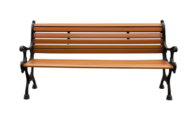 Wooden park bench with metal frame, classic design, suitable for outdoor settings, inviting for relaxation and socializing, isolated on transparent background, png
