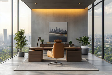 Fototapeta premium Executive Vision. Corner Office - Minimal Leadership Space with City Views and Natural Light