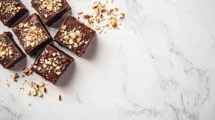 Close up of rich chocolate marshmallow fudge, topped with crushed nuts, isolated on a white marble background with minimal decor