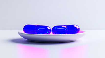 Two vibrant blue capsules placed elegantly on a white dish, showcasing modern medicine.