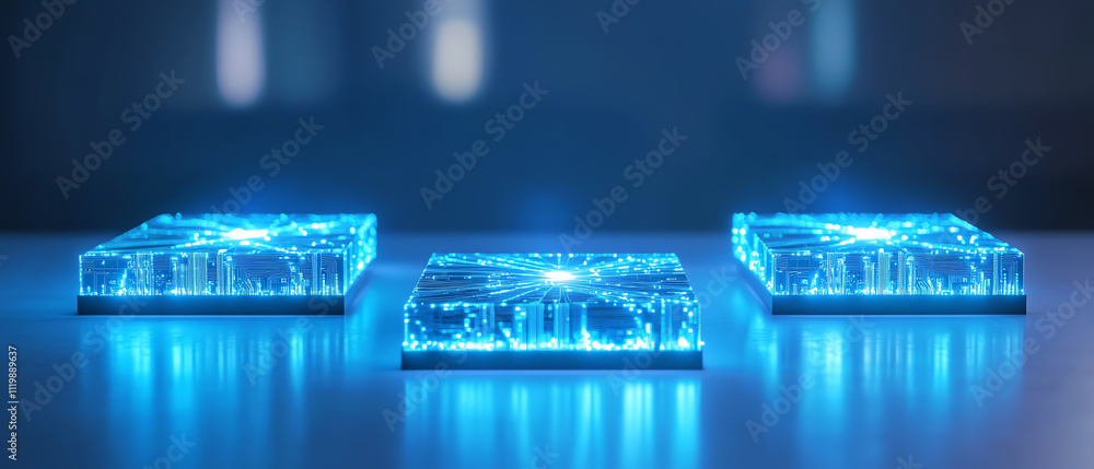 Poster futuristic glowing blocks representing advanced technology and innovation.