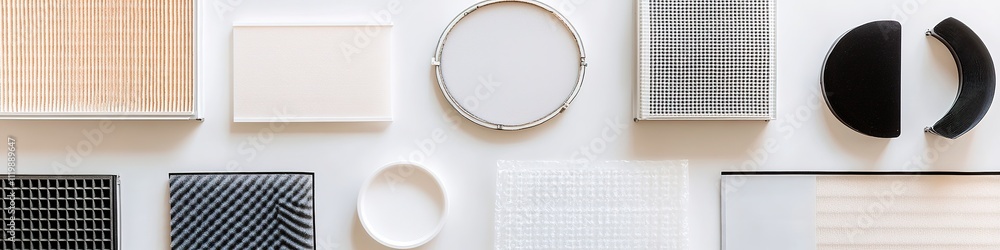 Aufkleber clean flat lay of air filtration components including hepa filters and carbon sheets displayed on wh