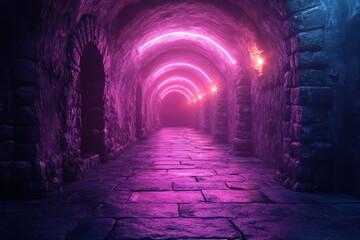 A mysterious underground corridor illuminated with vibrant neon lights.