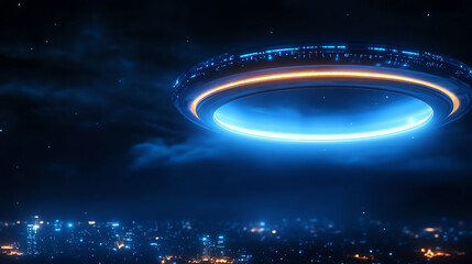 Obraz premium Futuristic UFO over a cityscape, illuminated by blue lights in a night sky.