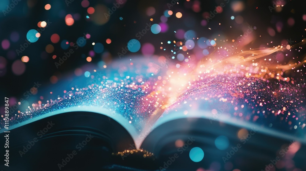 Poster enchanting open book with colorful magic sparks and glowing particles illuminating the page surround