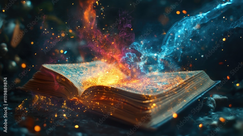 Poster enchanting open book surrounded by colorful magical sparks and glowing particles in a mystical fores