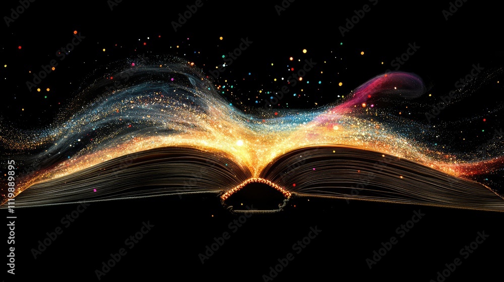 Poster enchanted open book with colorful magic lights and sparkles creating a mystical and dreamy atmospher