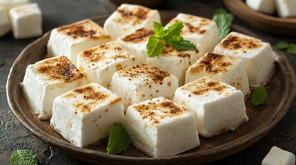Marshmallow fudge topped with toasted marshmallows, served on a rustic ceramic platter with sprigs of mint