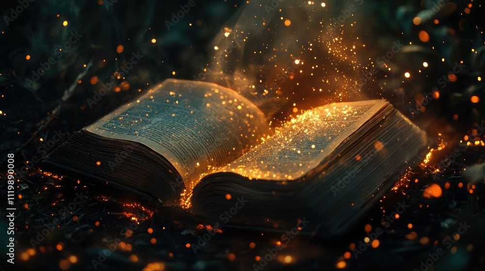 Aufkleber enchanted open book surrounded by glowing particles in a mystical forest setting invoking imaginatio