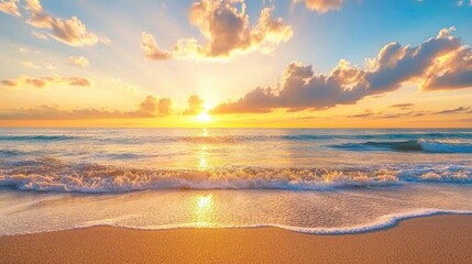 Obraz premium A scenic sunset over a tranquil beach with soft, warm colors and gentle waves, creating an alluring and peaceful natural landscape