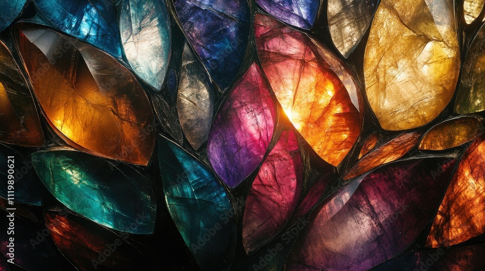 Poster colorful abstract background featuring vibrant jewel-like shapes in various hues, creating a mesmeri