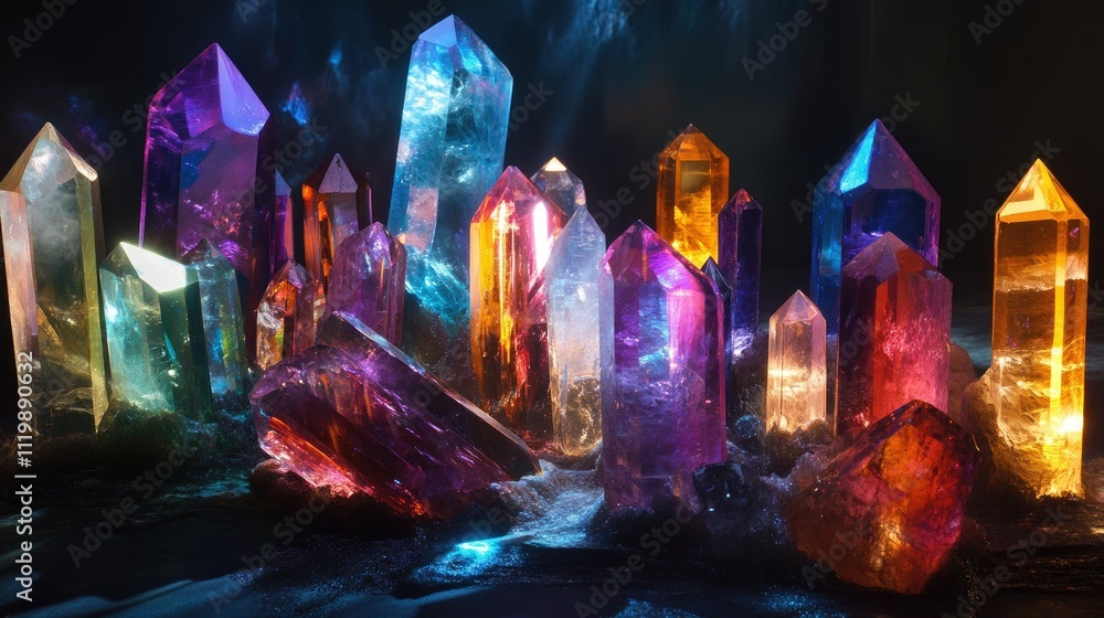 Poster vibrant collection of natural crystals in various shapes and colors illuminated by ethereal light cr