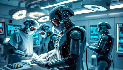 Fototapeta premium A futuristic healthcare scene with robotic surgeons, holographic patient charts, and cutting-edge medical equipment.
