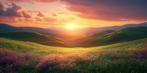 Obraz premium Serene Sunset Rolling Hills Wildflower Meadow Scenic Landscape