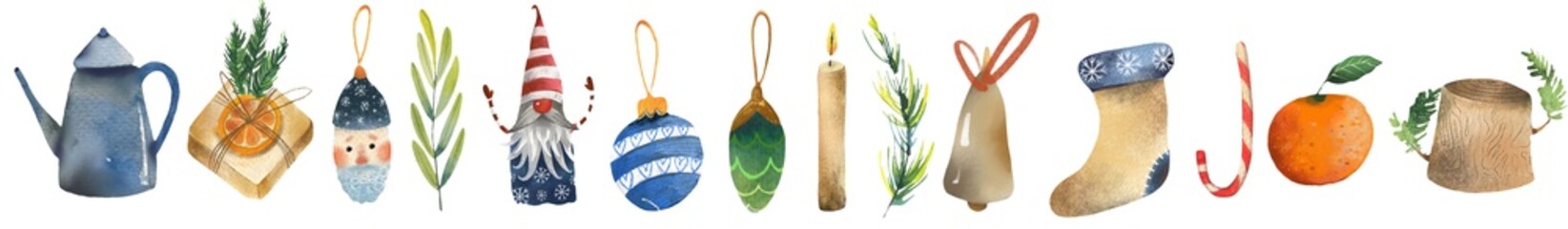 Watercolor Christmas themed set of decorative elements on a white background