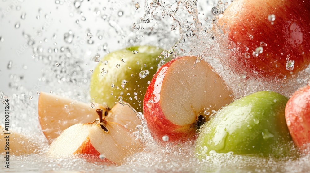 Poster lively apples in red, green shades dynamically splash in water, creating a sense of freshness and vi