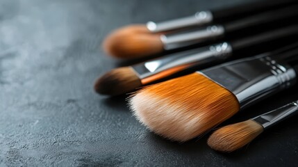 A selection of artist's paintbrushes elegantly laid out on a dark textured surface, each featuring different bristle shapes and sizes, ready for creative exploration.