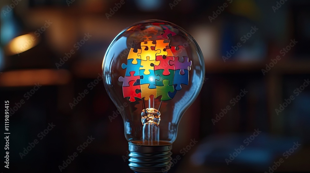 Poster colorful puzzle pieces illuminating a light bulb symbolizing creativity, innovation, and problem sol